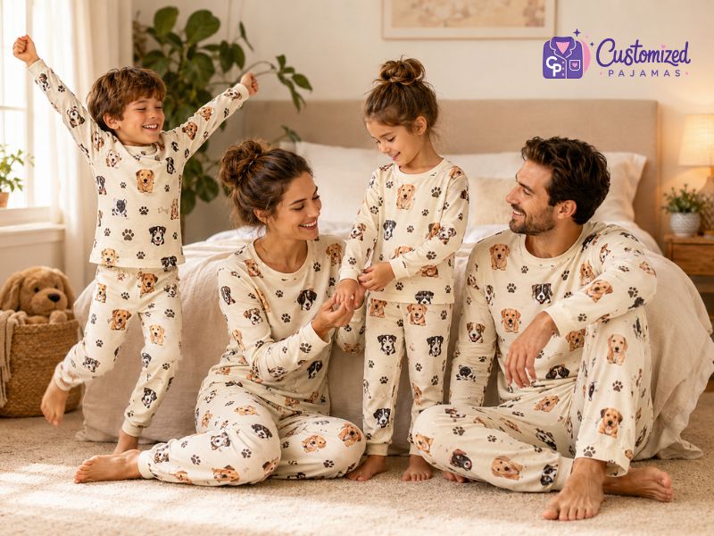 Happy family wearing matching custom pet face pajamas in a cozy bedroom.