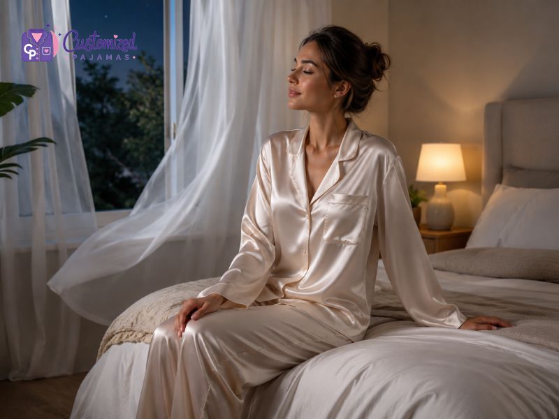 Woman wearing elegant champagne satin pajamas sitting on a cozy bed in a softly lit bedroom at night.