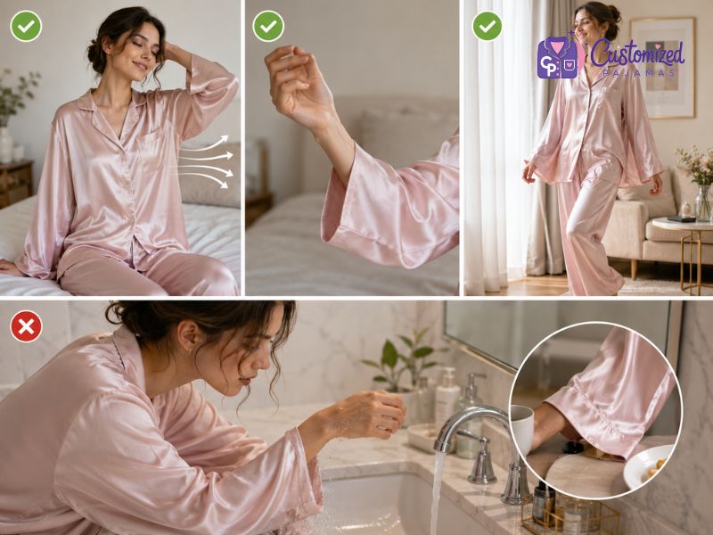 Woman wearing pink satin pajamas demonstrates loose sleeve comfort, breathability, and potential sleeve slipping during a bedtime routine.