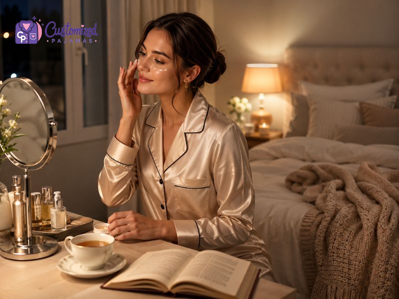 Woman wearing champagne satin pajamas applies skincare at a vanity in a cozy bedroom, showcasing luxury sleepwear for a relaxing nighttime routine.