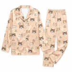 custom cat face beige satin pajama set with paw prints