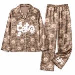 custom cat face brown satin pajama set with fish bone