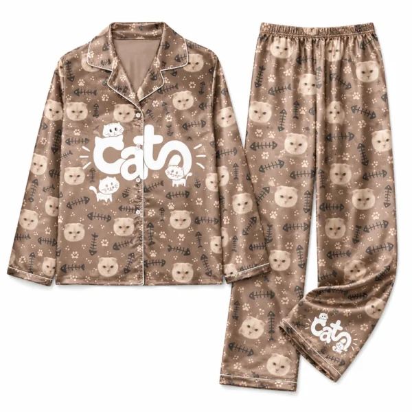 custom cat face brown satin pajama set with fish bone