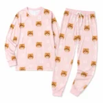 custom cat face pink cuffed pajama set with paw prints