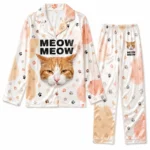 custom cat face white satin pajama set with paw prints