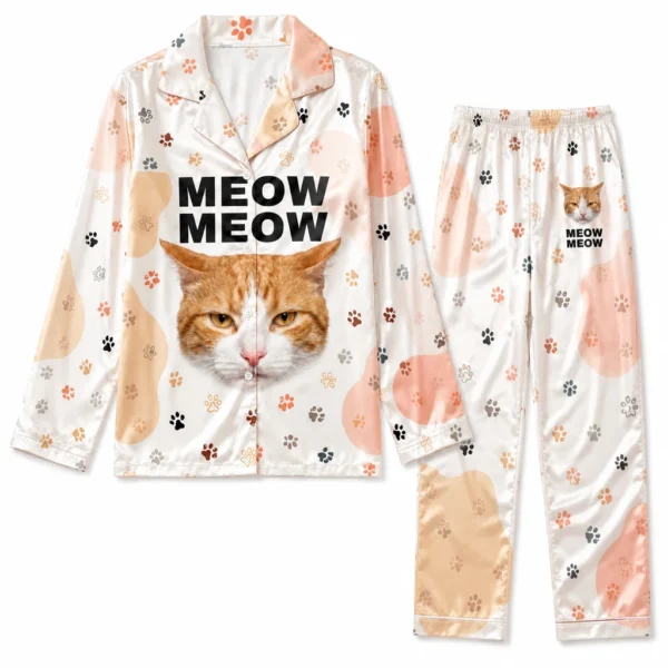 custom cat face white satin pajama set with paw prints