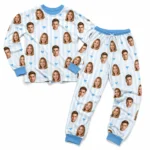 custom couple photos blue cuffed pajama set with striped print