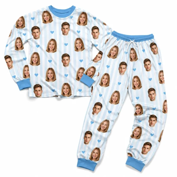 custom couple photos blue cuffed pajama set with striped print