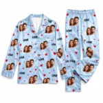 custom couple photos blue satin pajama set with heart print