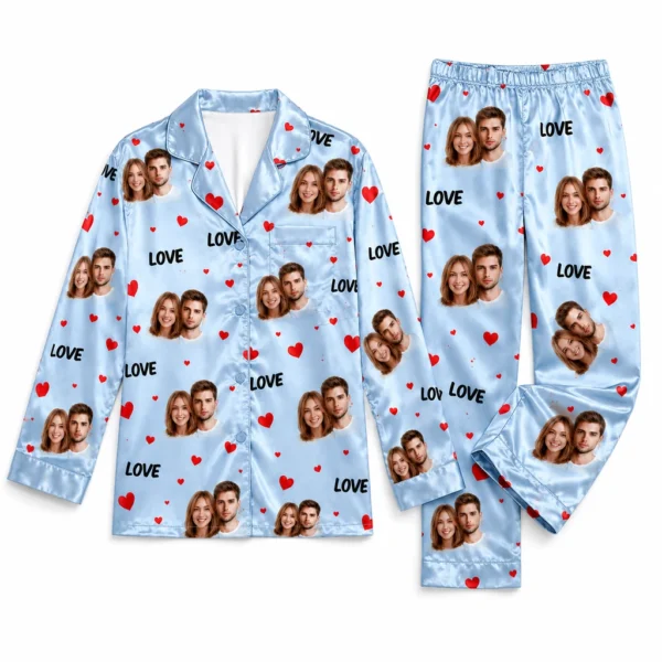 custom couple photos blue satin pajama set with heart print