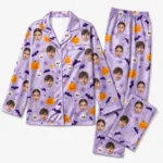 custom couple photos satin pajama set with purple spiderweb print