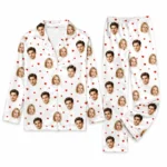 custom couple photos white satin pajama set with heart print