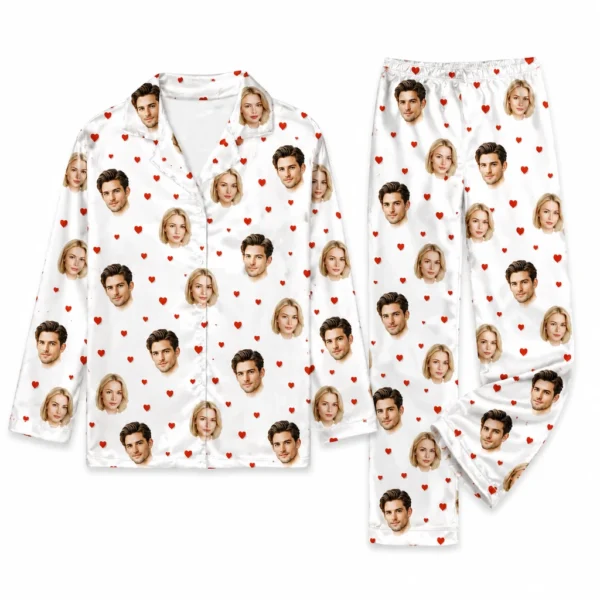 custom couple photos white satin pajama set with heart print
