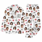 custom couple photos white satin pajama set with lipstick print