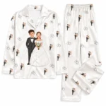custom couple photos white satin pajama set with wedding print