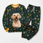 custom dog face cuffed pajama set with green paw prints