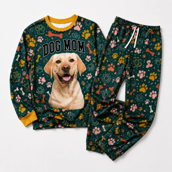 custom dog face cuffed pajama set with green paw prints
