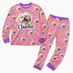 custom dog face cuffed pajama set with purple orange checkerboard print