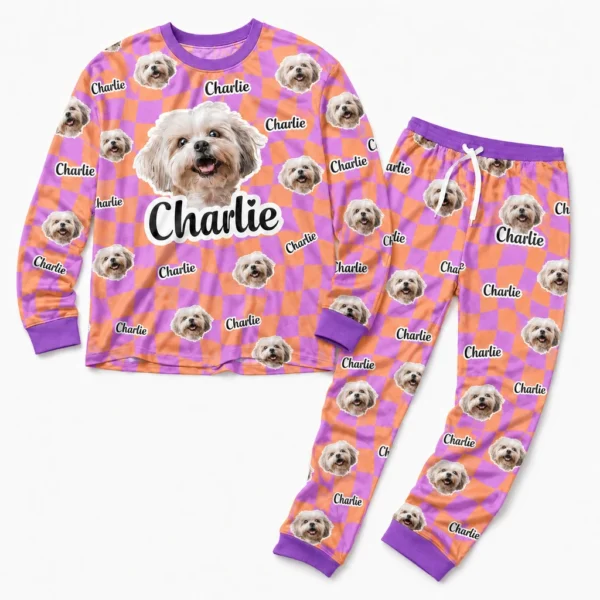 custom dog face cuffed pajama set with purple orange checkerboard print