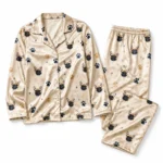 custom dog face satin pajama set with beige paw prints