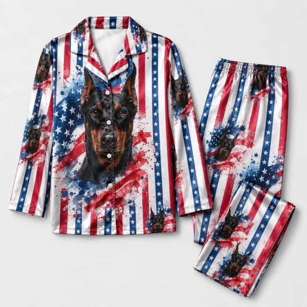 custom dog face satin pajama set with red blue american flag