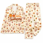 custom family photos beige satin pajama set with thanksgiving print