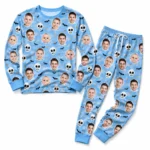 custom family photos blue cuffed pajama set with skull print