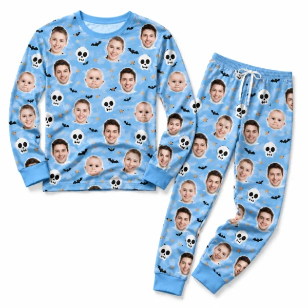 custom family photos blue cuffed pajama set with skull print