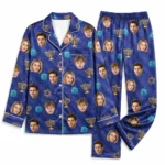 custom family photos blue satin pajama set with hanukkah print