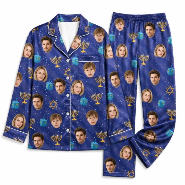 custom family photos blue satin pajama set with hanukkah print