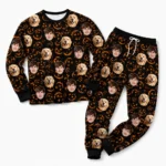 custom family photos cuffed pajama set with black orange pumpkin print