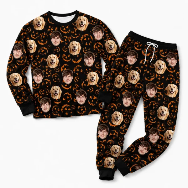 custom family photos cuffed pajama set with black orange pumpkin print