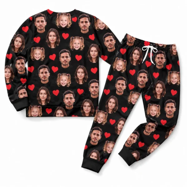 custom family photos cuffed pajama set with black red heart print