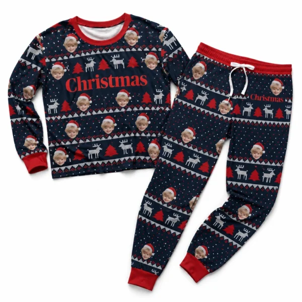 custom family photos cuffed pajama set with blue fair isle