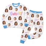 custom family photos cuffed pajama set with white blue start print