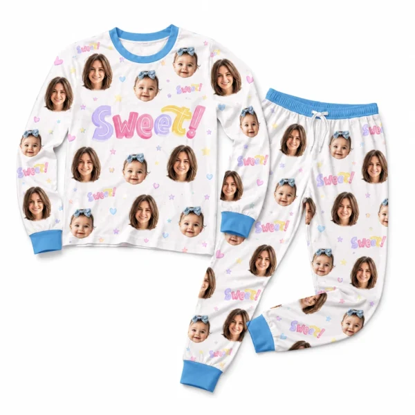 custom family photos cuffed pajama set with white blue start print