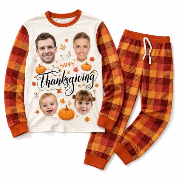 custom family photos orange cuffed pajama set with tartan plaid