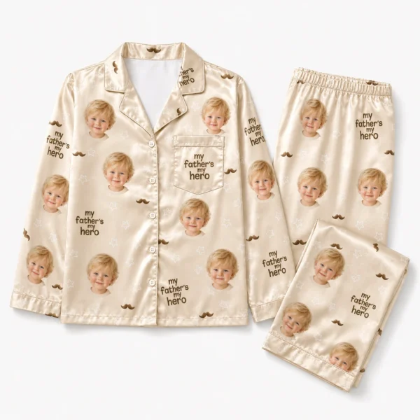 custom family photos satin pajama set with beige mustache print