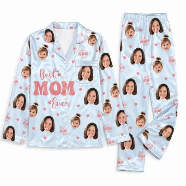 custom family photos satin pajama set with blue pink heart print