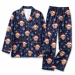 custom family photos satin pajama set with blue snowflake print