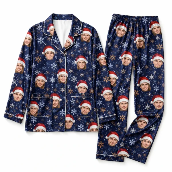 custom family photos satin pajama set with blue snowflake print