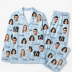 custom family photos satin pajama set with blue solid color