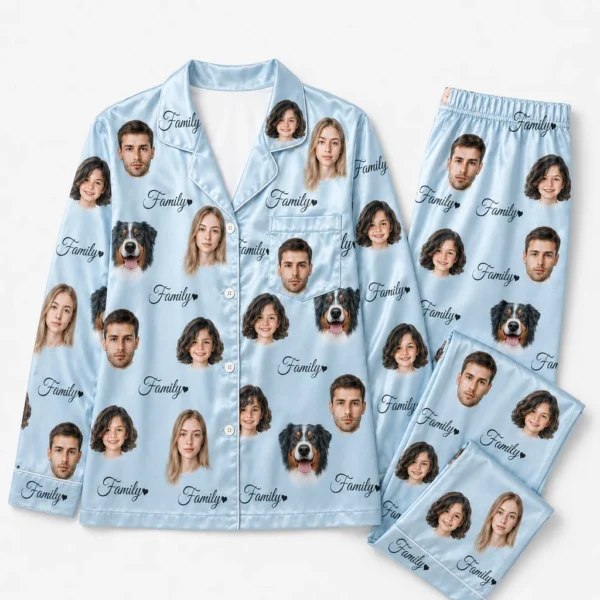 custom family photos satin pajama set with blue solid color