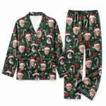 custom family photos satin pajama set with green pine print