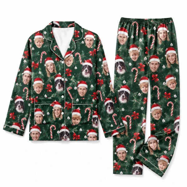 custom family photos satin pajama set with green pine print