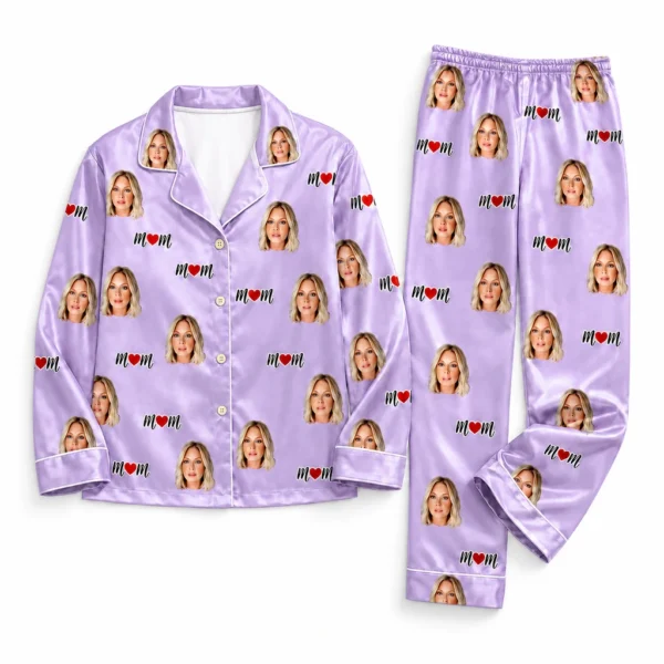 custom family photos satin pajama set with purple solid color