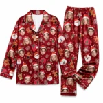custom family photos satin pajama set with red snowflake print