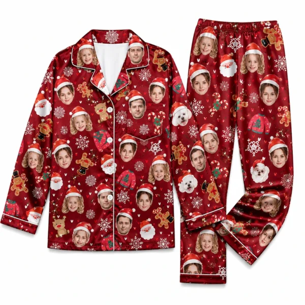 custom family photos satin pajama set with red snowflake print
