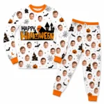custom family photos white cuffed pajama set with halloween print