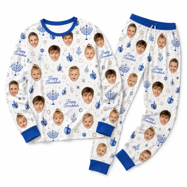 custom family photos white cuffed pajama set with hanukkah print